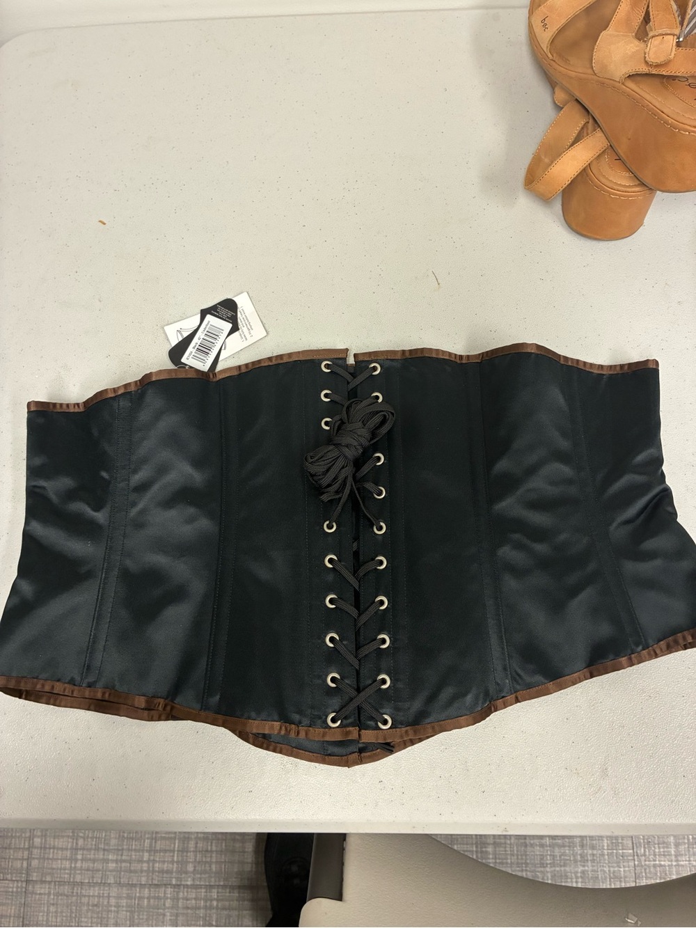 Black Corset Top with Brown Trim and Front Busk Closure